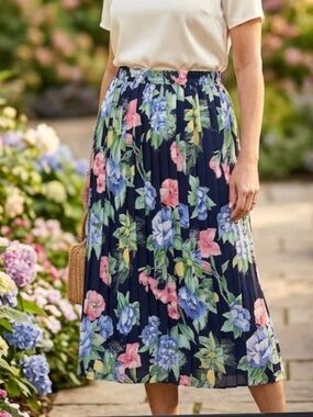 Vintage Alfred Dunner Navy Floral Maxi Skirt with Pink & Blue  .